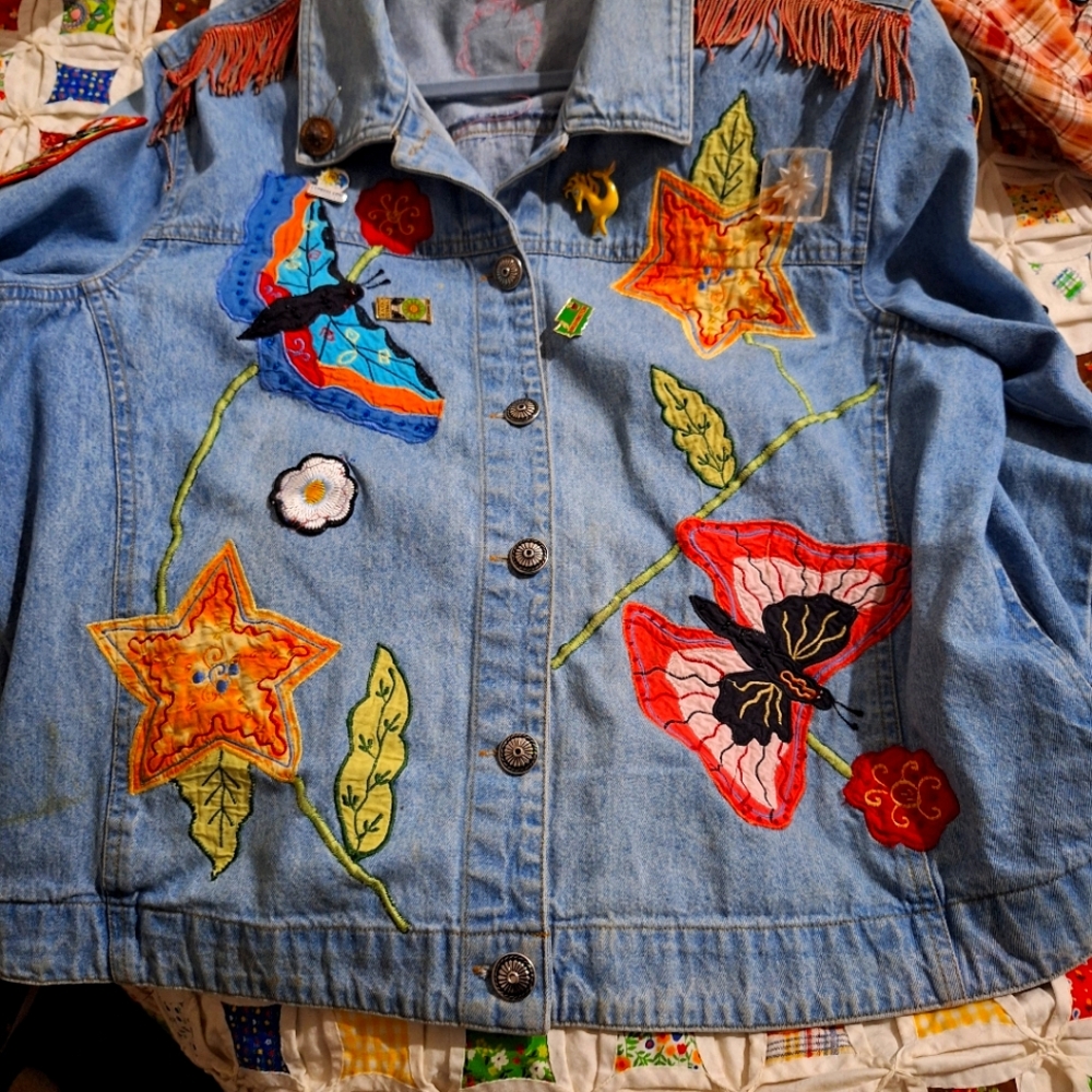 White stag women's large boho type jacket with added jewelry and patches